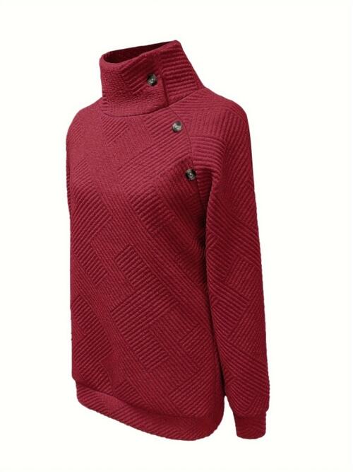 Buttoned Mock Neck Long Sleeve Sweatshirt - TRENDMELO