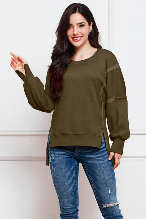 Exposed Seam High-Low Slit Sweatshirt - TRENDMELO