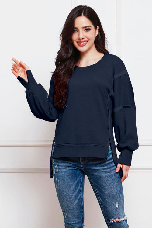 Exposed Seam High-Low Slit Sweatshirt - TRENDMELO