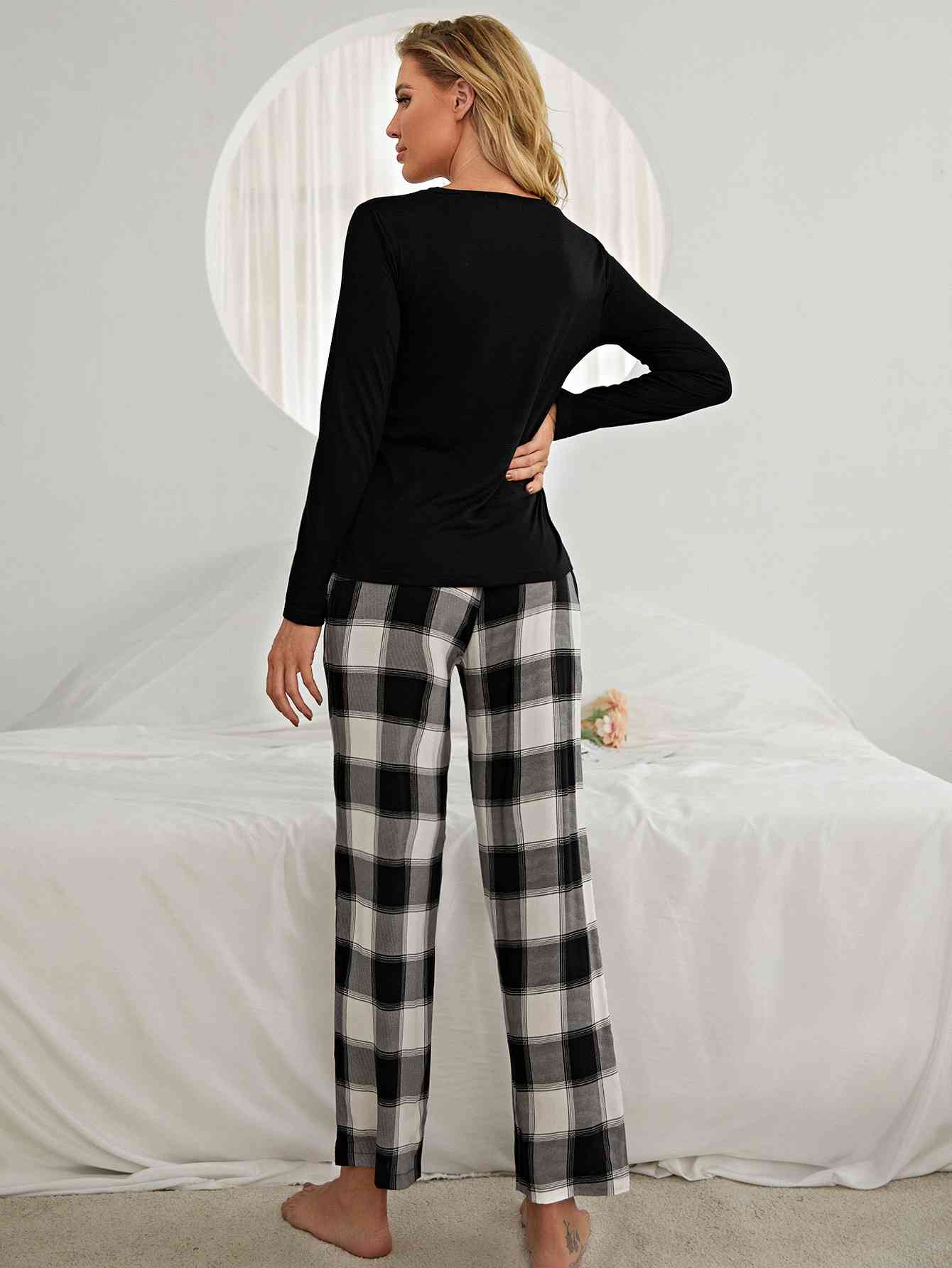 Plaid Heart Top and Pants Lounge Set - TRENDMELO