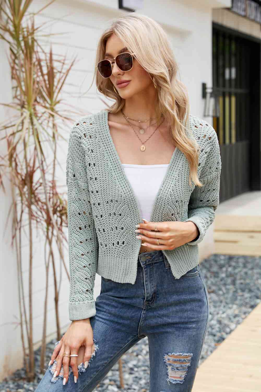 Open Front Cuffed Cropped Cardigan - TRENDMELO