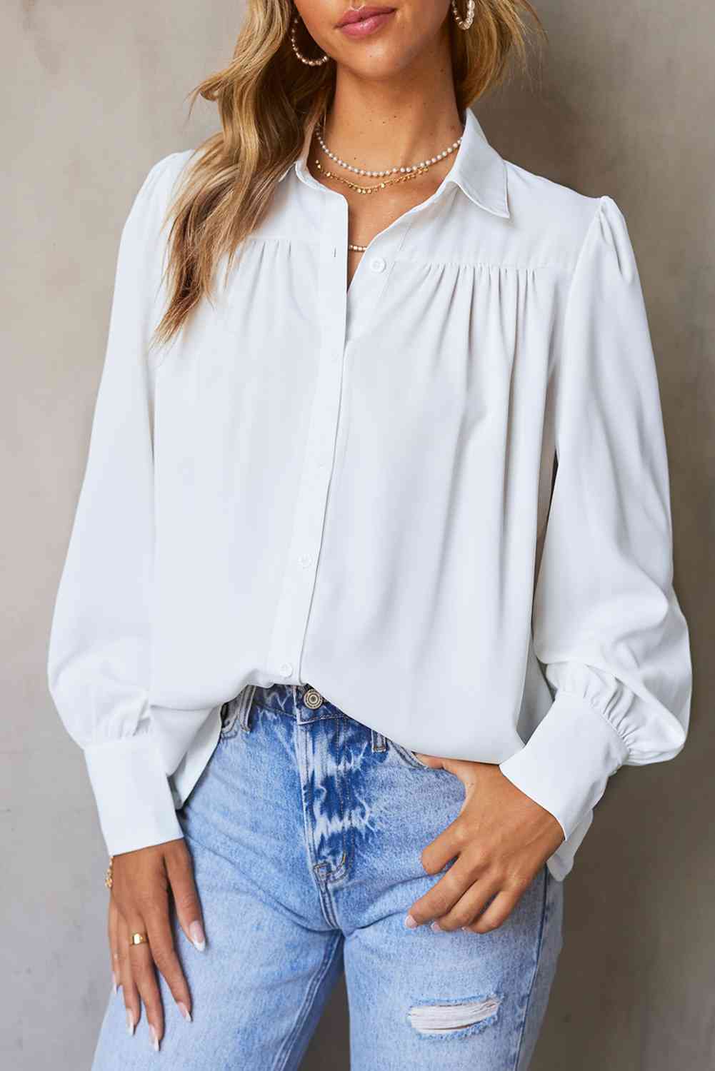 Gathered Detail Puff Sleeve Shirt - TRENDMELO