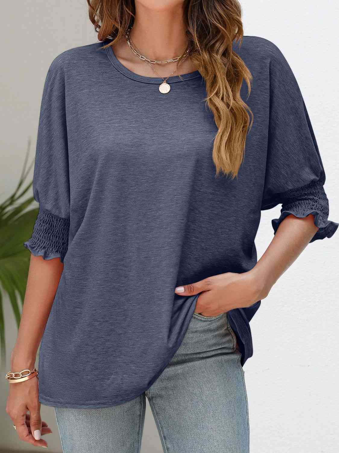 Smocked Flounce Sleeve Round Neck T-Shirt - TRENDMELO