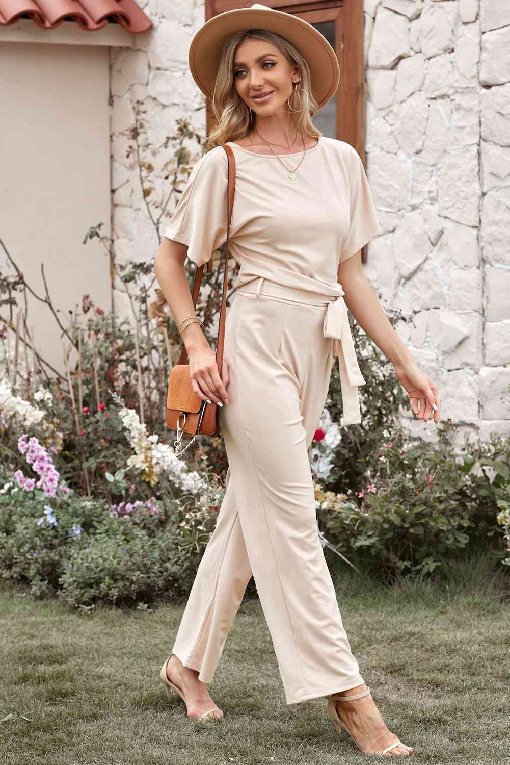 Full Size Tie Waist Straight Leg Jumpsuit - TRENDMELO