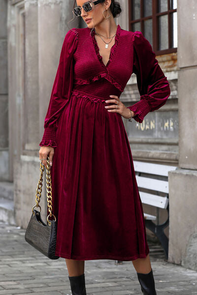 Smocked Lantern Sleeve Midi Dress - TRENDMELO