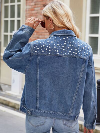 Pearl Detail Collared Neck Long Sleeve Denim Jacket - TRENDMELO