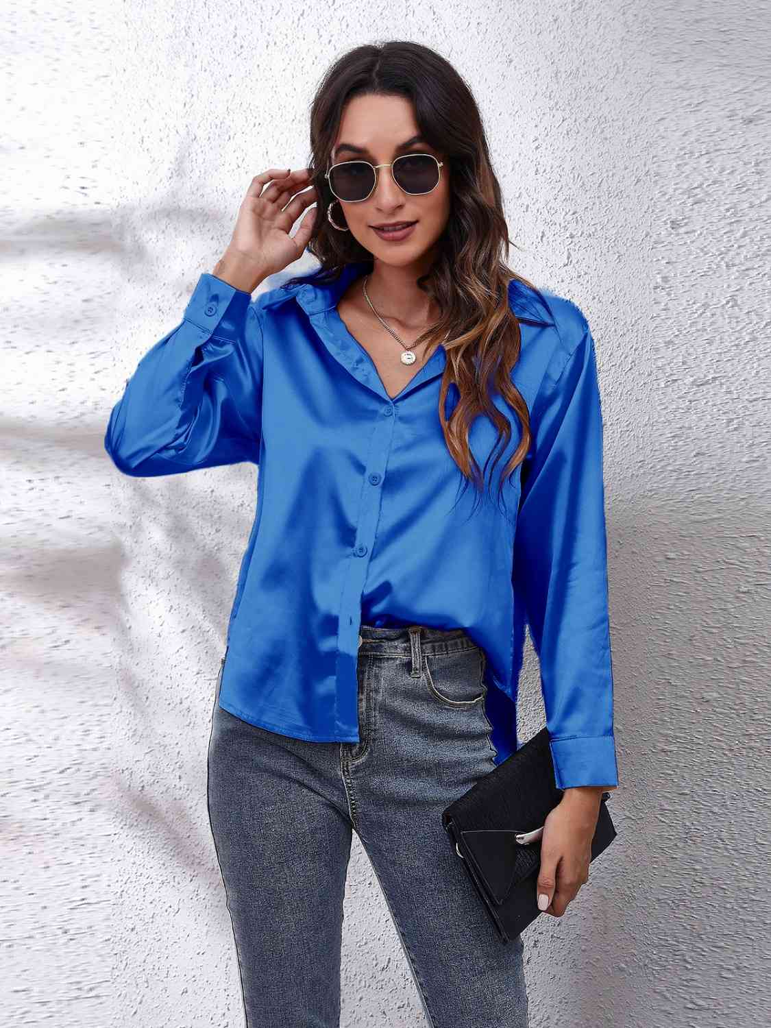 Collared Neck Buttoned Long Sleeve Shirt - TRENDMELO