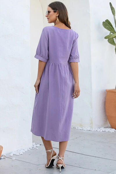 Decorative Button Round Neck Half Sleeve Dress - TRENDMELO