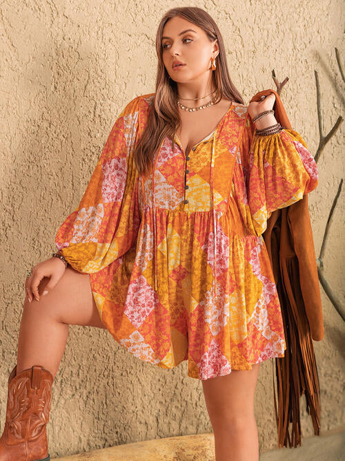 Plus Size Floral Tie Neck Balloon Sleeve Romper - TRENDMELO