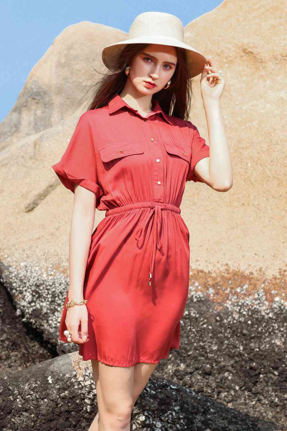 Half Button Drawstring Waist Short Sleeve Shirt Dress - TRENDMELO