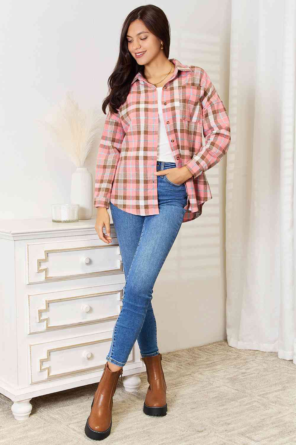 Double Take Plaid Collared Neck Long Sleeve Button-Up Shirt - TRENDMELO