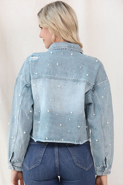 Distressed Pearl Trim Button Up Denim Jacket - TRENDMELO