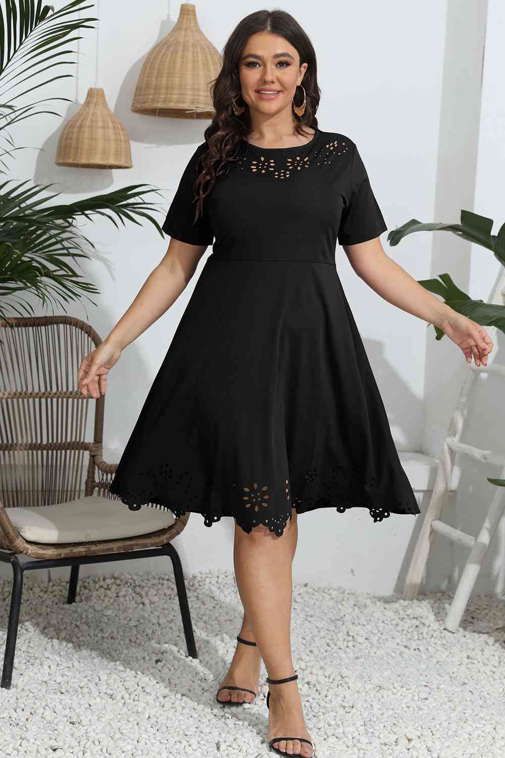 Plus Size Round Neck Openwork Dress - TRENDMELO