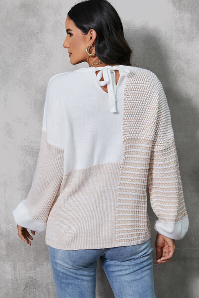 Color Block Tied Dropped Shoulder Sweater - TRENDMELO