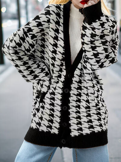 Houndstooth Button Up Long Sleeve Cardigan - TRENDMELO