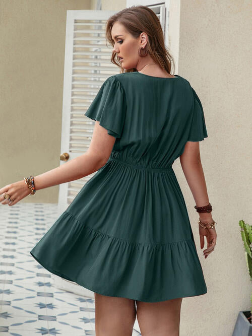 Double Take Plus Size Ruffle Hem V-Neck Short Sleeve Dress - TRENDMELO