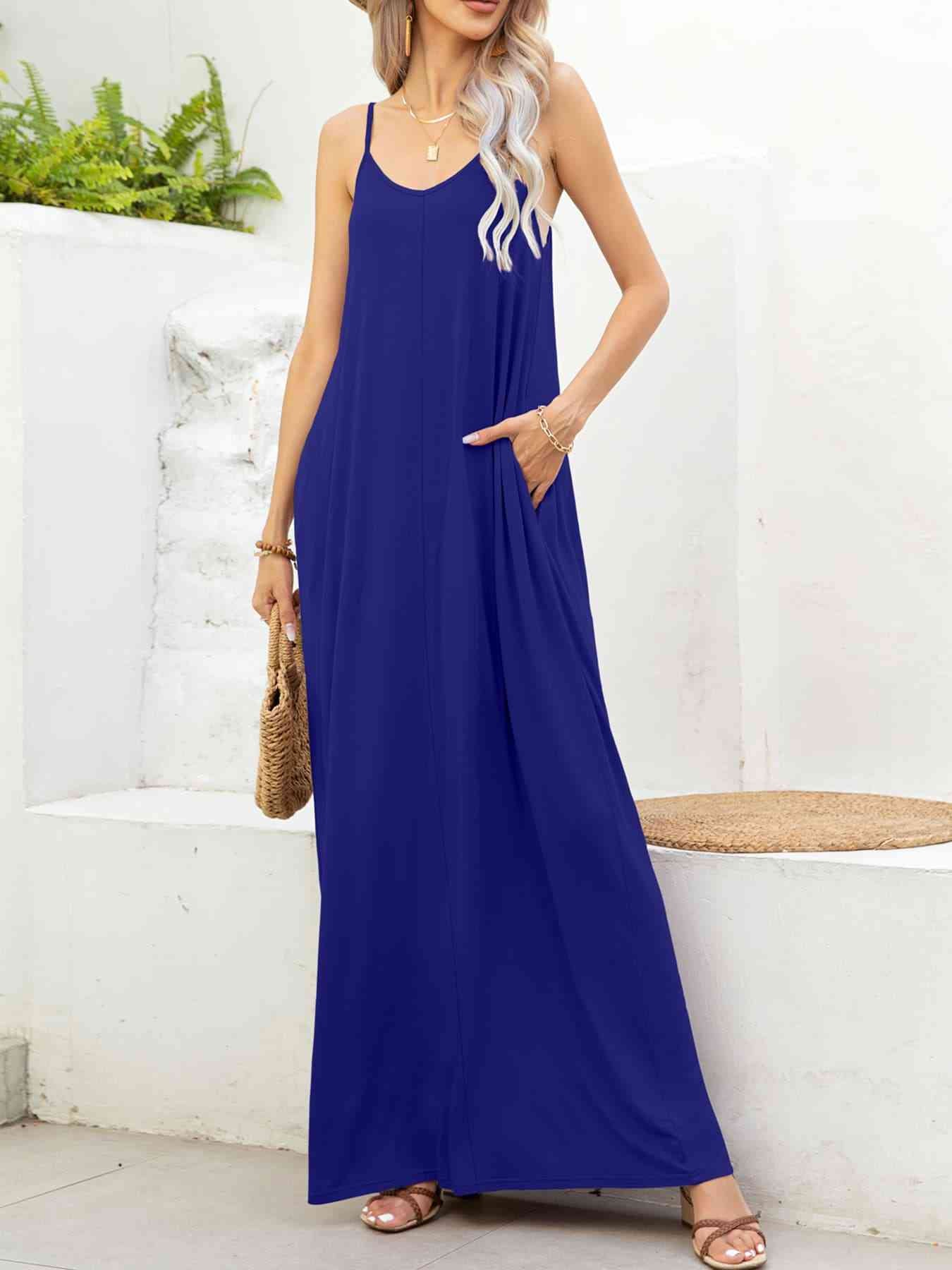 Spaghetti Strap V-Neck Maxi Dress with Pockets - TRENDMELO