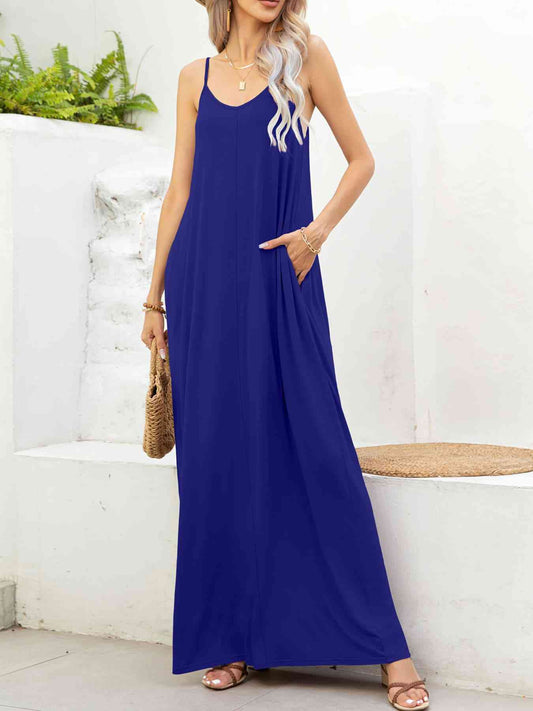 Spaghetti Strap V-Neck Maxi Dress with Pockets - TRENDMELO