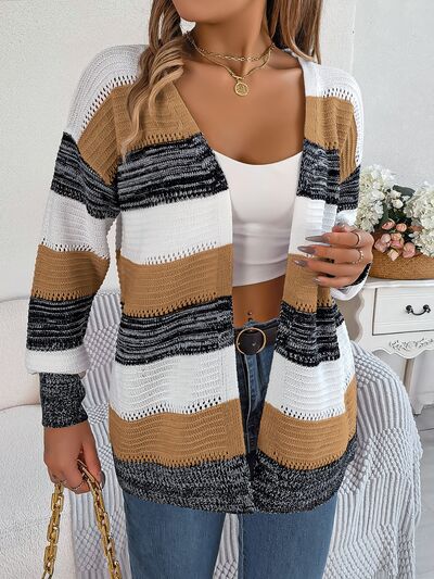 Openwork Striped Open Front Cardigan - TRENDMELO