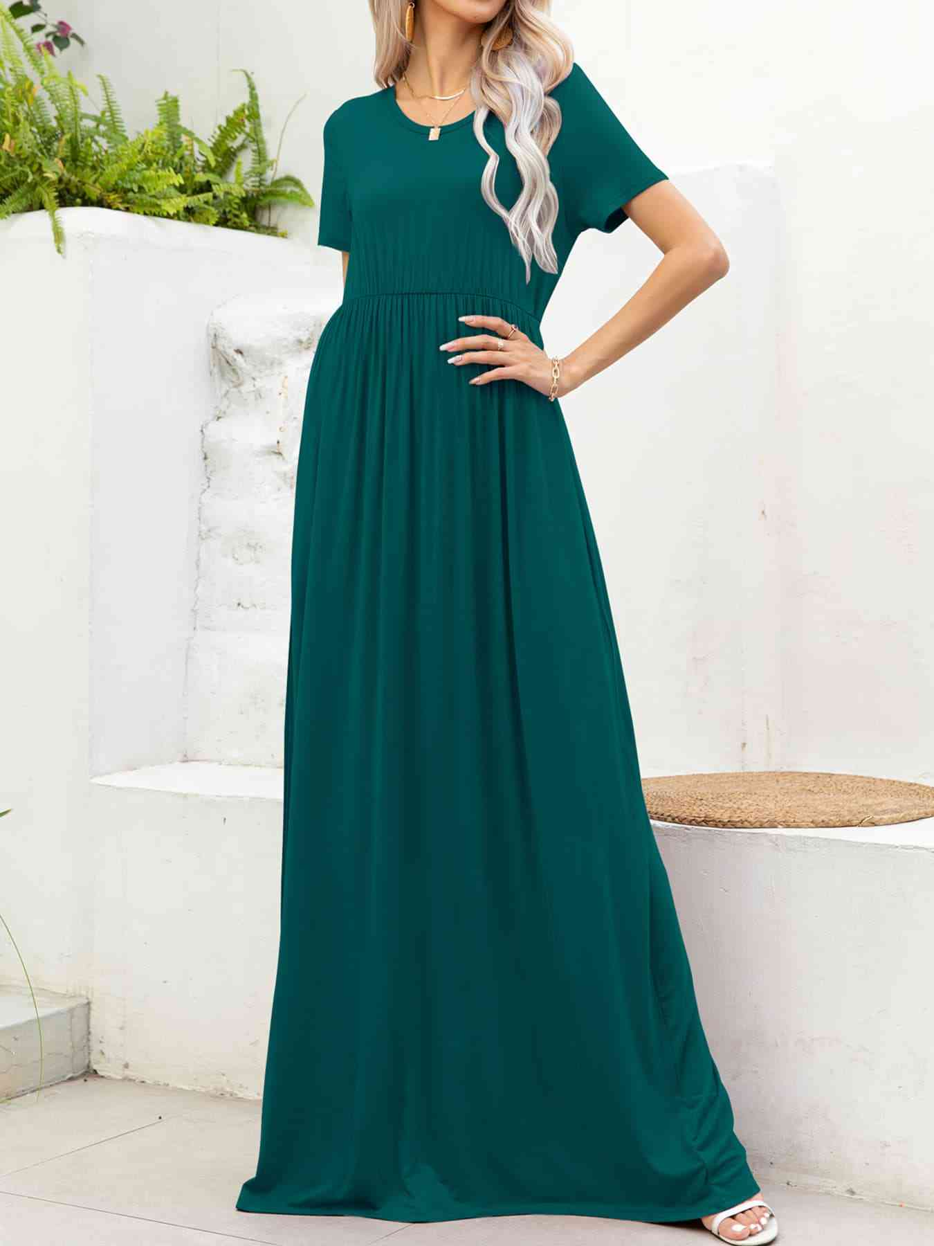 Round Neck Short Sleeve Maxi Dress with Pockets - TRENDMELO