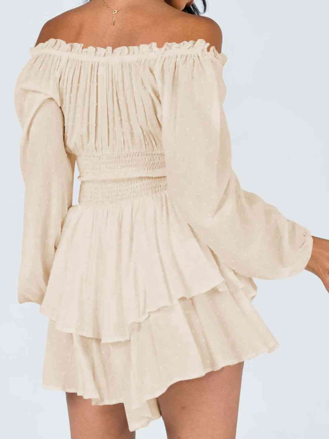 Off Shoulder Smocked Waist Romper - TRENDMELO