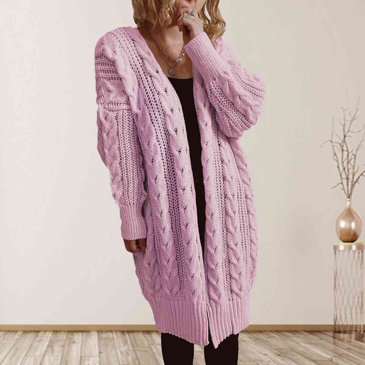 Cable-Knit Open Front Dropped Shoulder Cardigan - TRENDMELO