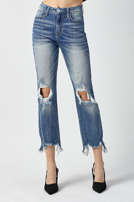 RISEN High Waist Distressed Frayed Hem Cropped Straight Jeans - TRENDMELO