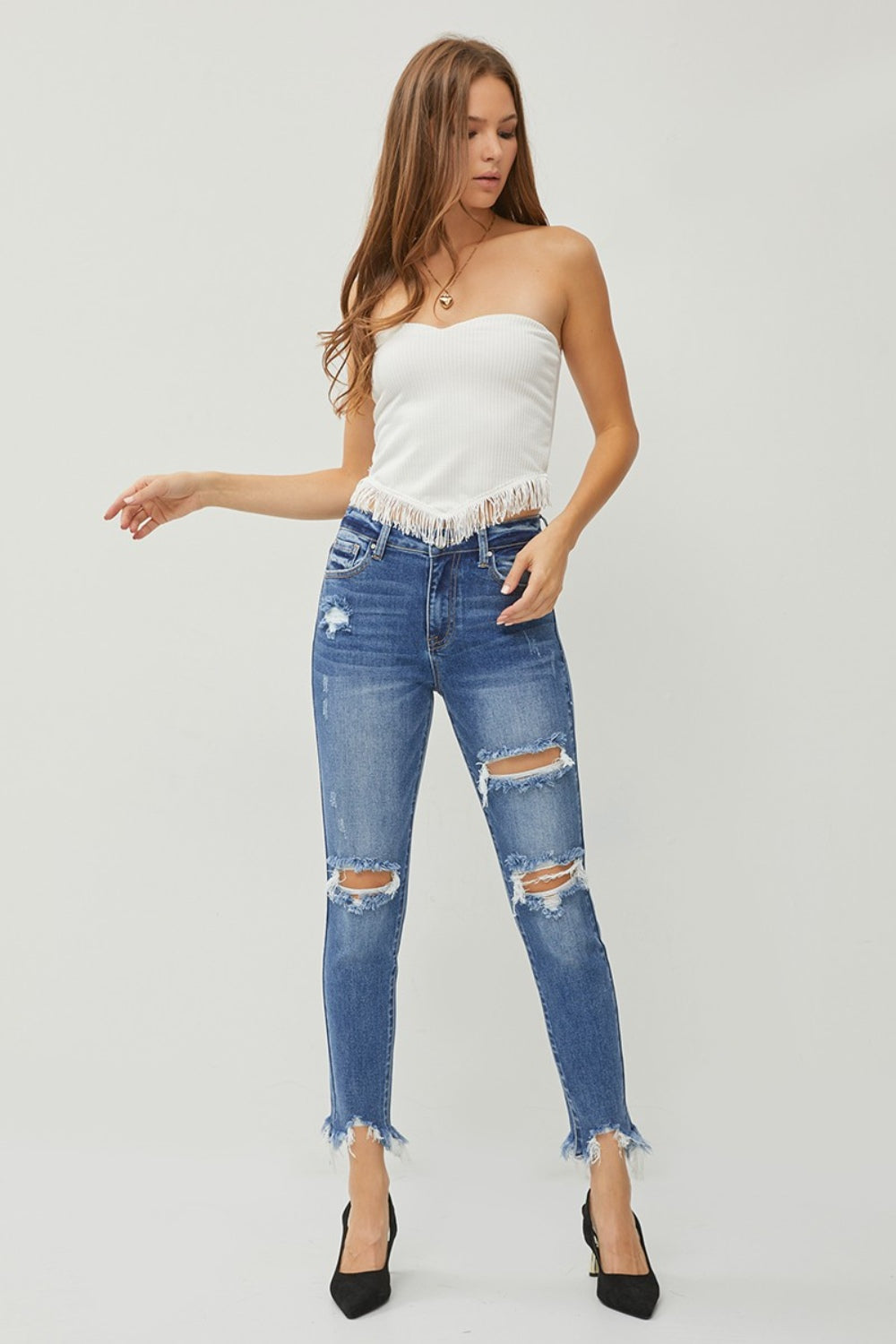 RISEN Distressed Frayed Hem Slim Jeans - TRENDMELO