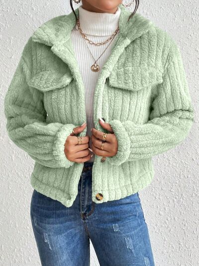 Fuzzy Button Up Collared Neck Jacket - TRENDMELO