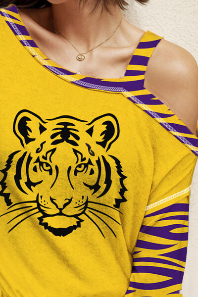 Tiger Graphic Asymmetrical Neck Long Sleeve T-Shirt - TRENDMELO