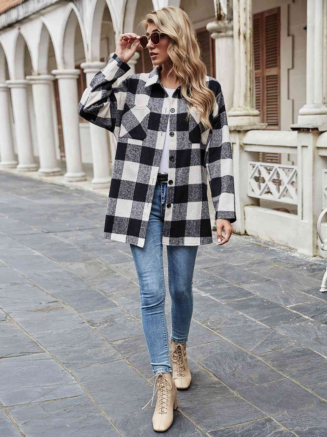 Plaid Collared Neck Long Sleeve Shirt - TRENDMELO