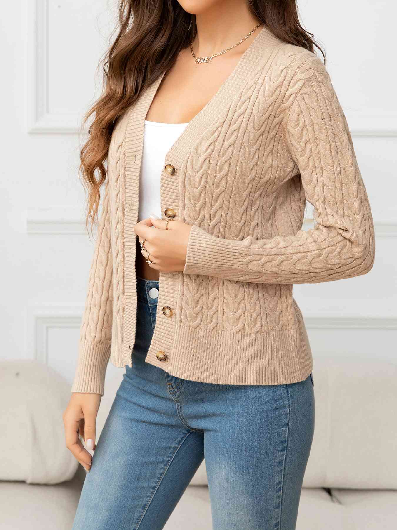 V-Neck Long Sleeve Cable-Knit Buttoned Knit Top - TRENDMELO
