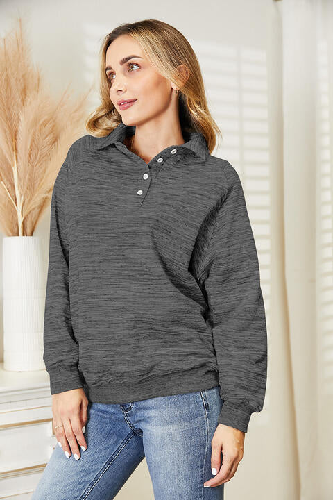 Ninexis Full Size Quarter-Button Collared Sweatshirt - TRENDMELO