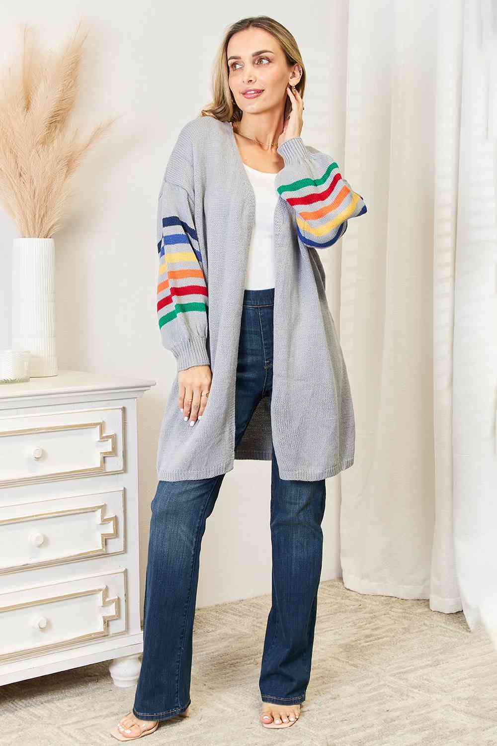 Double Take Multicolored Stripe Open Front Longline Cardigan - TRENDMELO