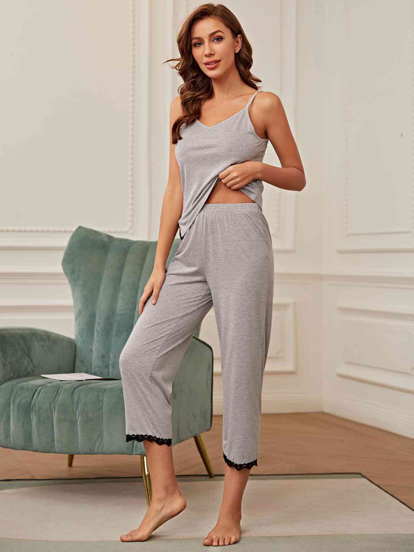 V-Neck Lace Trim Slit Cami and Pants Pajama Set - TRENDMELO