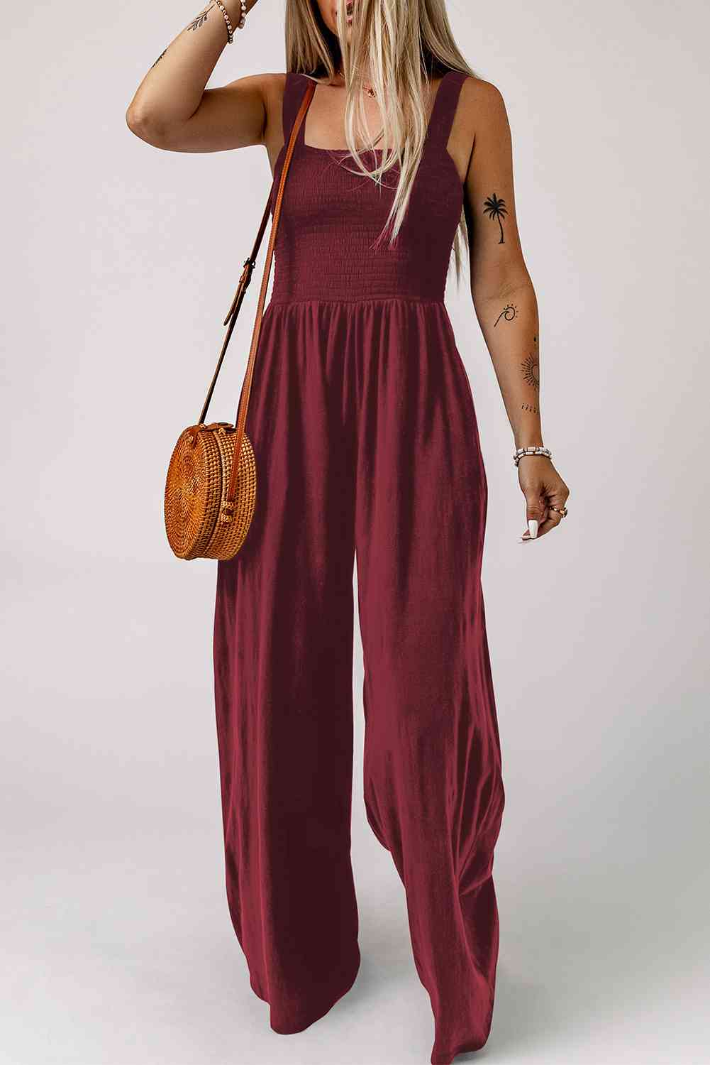 Smocked Square Neck Wide Leg Jumpsuit with Pockets - TRENDMELO