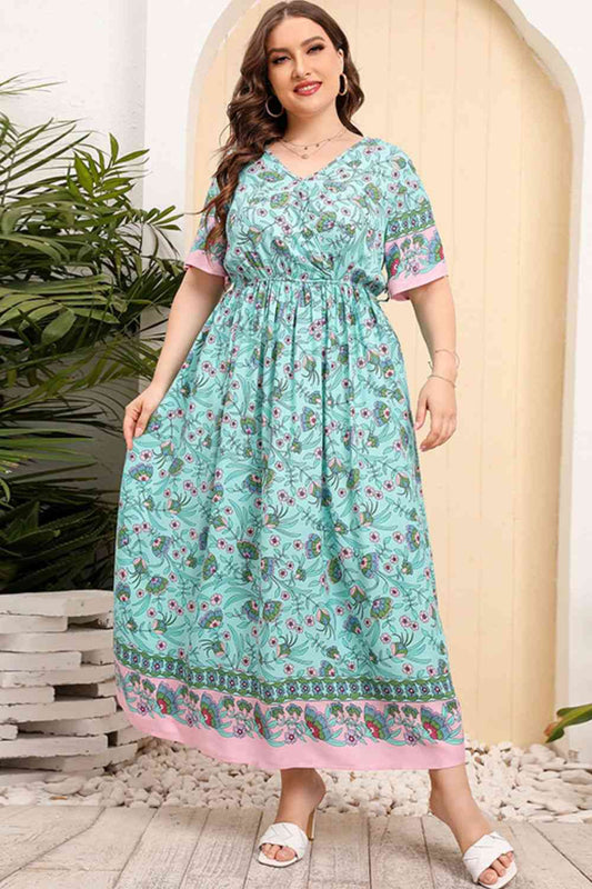 Plus Size Bohemian V-Neck Short Sleeve Maxi Dress - TRENDMELO