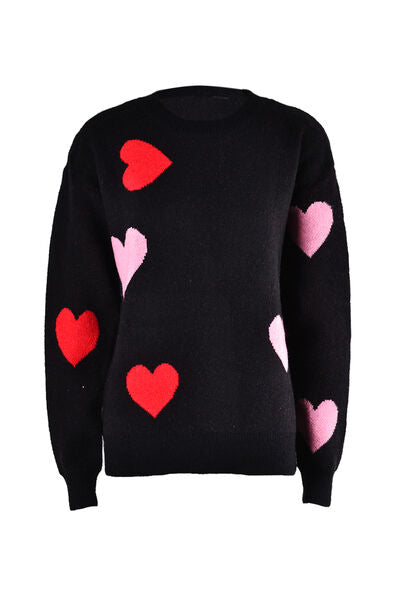 Heart Round Neck Droppped Shoulder Sweater - TRENDMELO