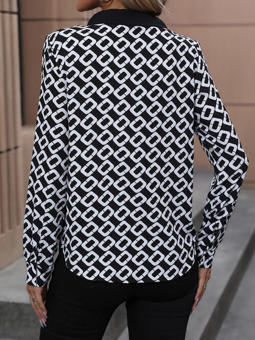 Printed Collared Neck Long Sleeve Shirt - TRENDMELO