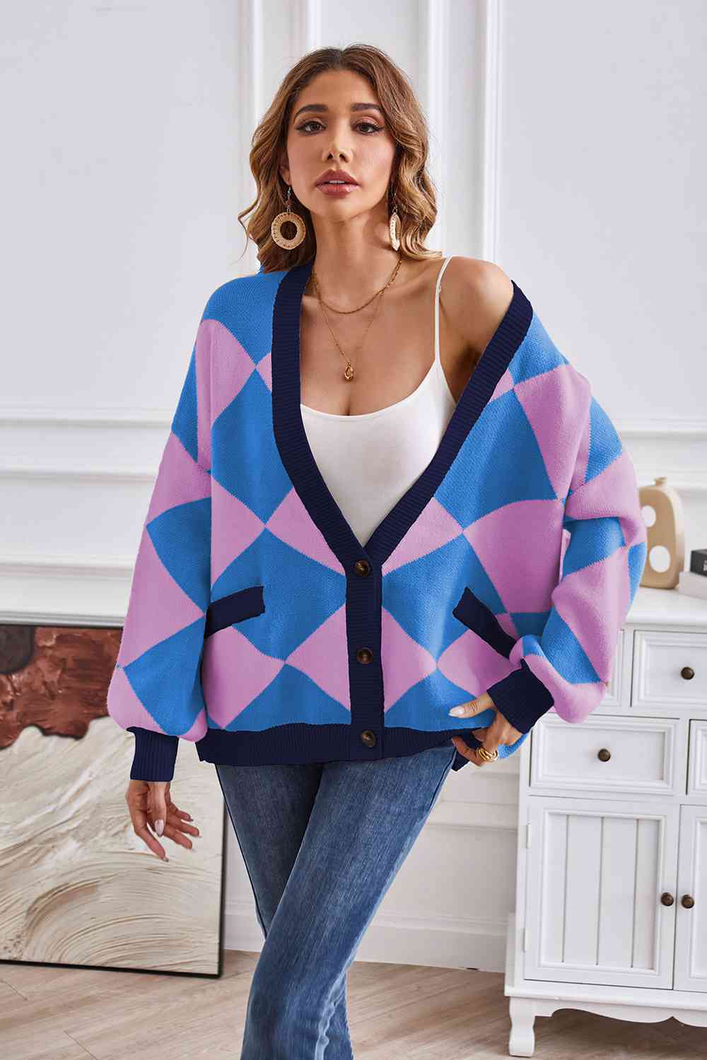 Geometric Lantern Sleeve Cardigan with Pockets - TRENDMELO