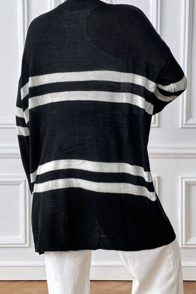 Striped Open Front Dropped Shoulder Cardigan - TRENDMELO