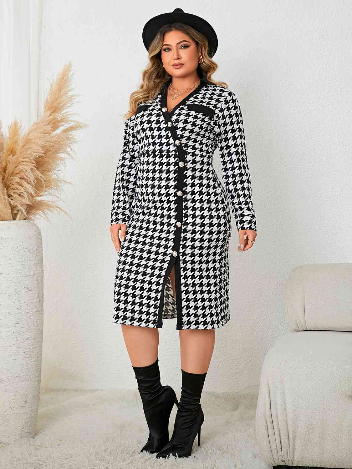 Plus Size Houndstooth Long Sleeve Slit Dress - TRENDMELO