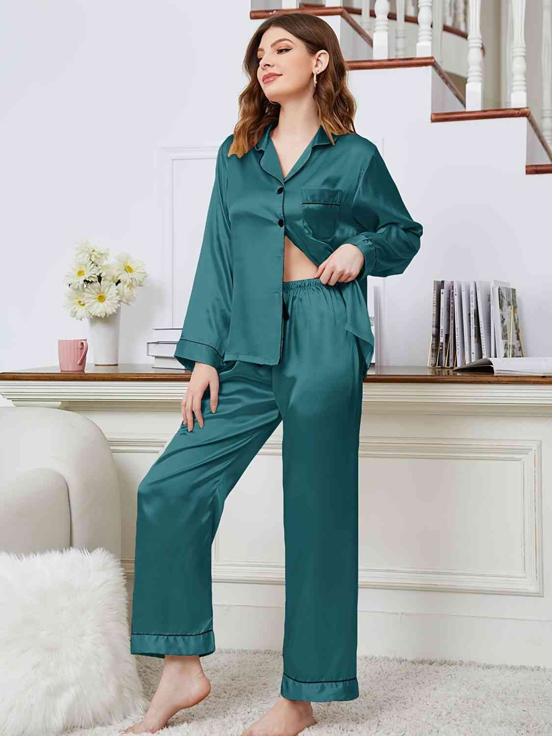 Lapel Collar Long Sleeve Top and Pants Pajama Set - TRENDMELO