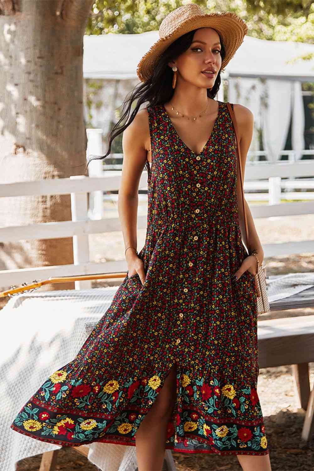 Floral Print Bohemian Style V-neck Sleeveless Midi Dress - TRENDMELO