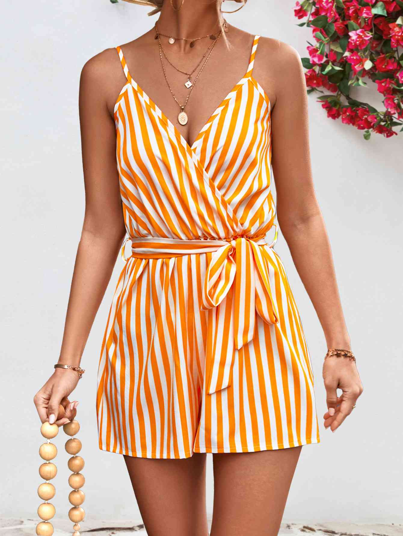 Striped Tie Waist Spaghetti Strap Romper - TRENDMELO