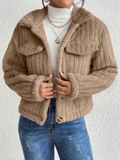 Fuzzy Button Up Collared Neck Jacket - TRENDMELO