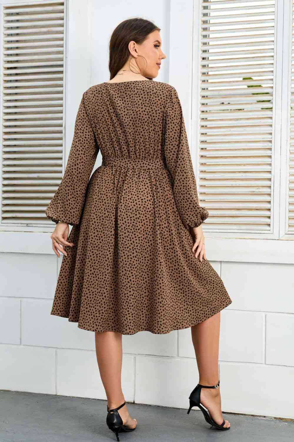 Plus Size Printed V-Neck Balloon Sleeve Tie Waist Dress - TRENDMELO