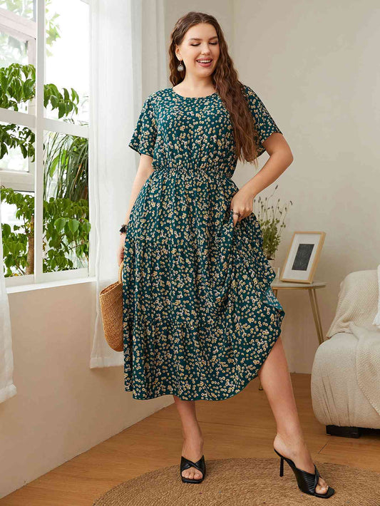 Plus Size Floral Round Neck Short Sleeve Midi Dress - TRENDMELO