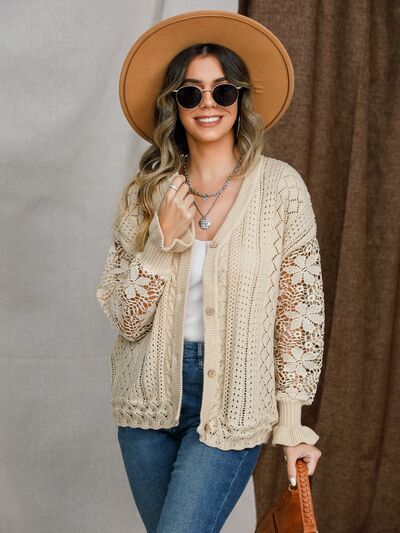 Eyelet Button Up Lantern Sleeve Cardigan - TRENDMELO