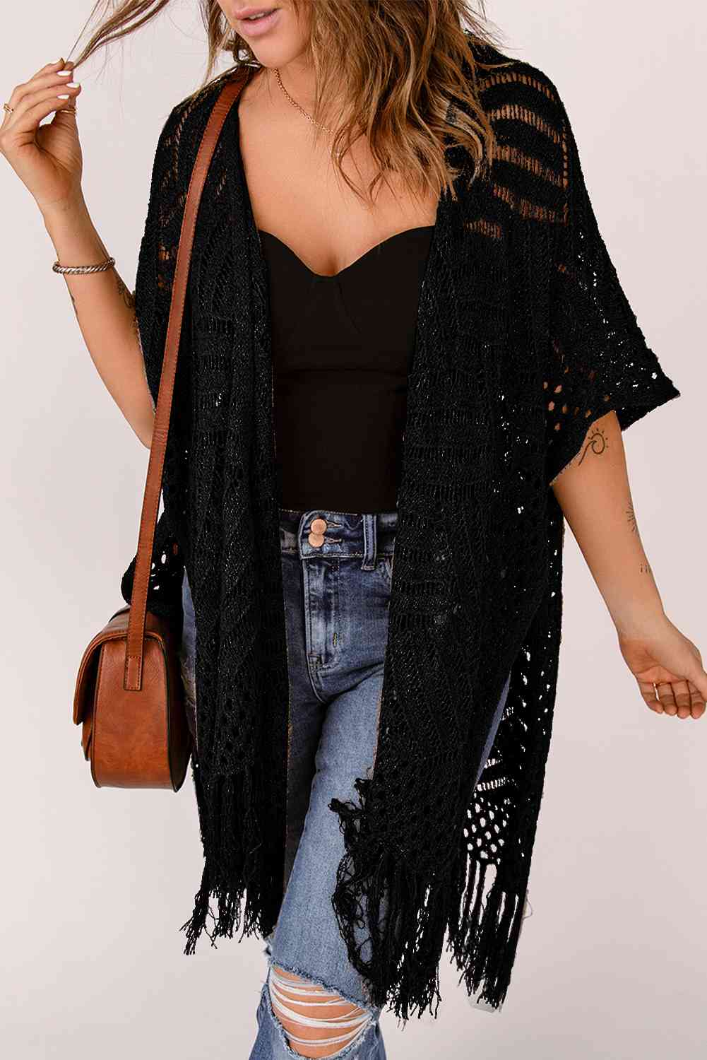 Fringe Hem Slit Open Front Cardigan - TRENDMELO